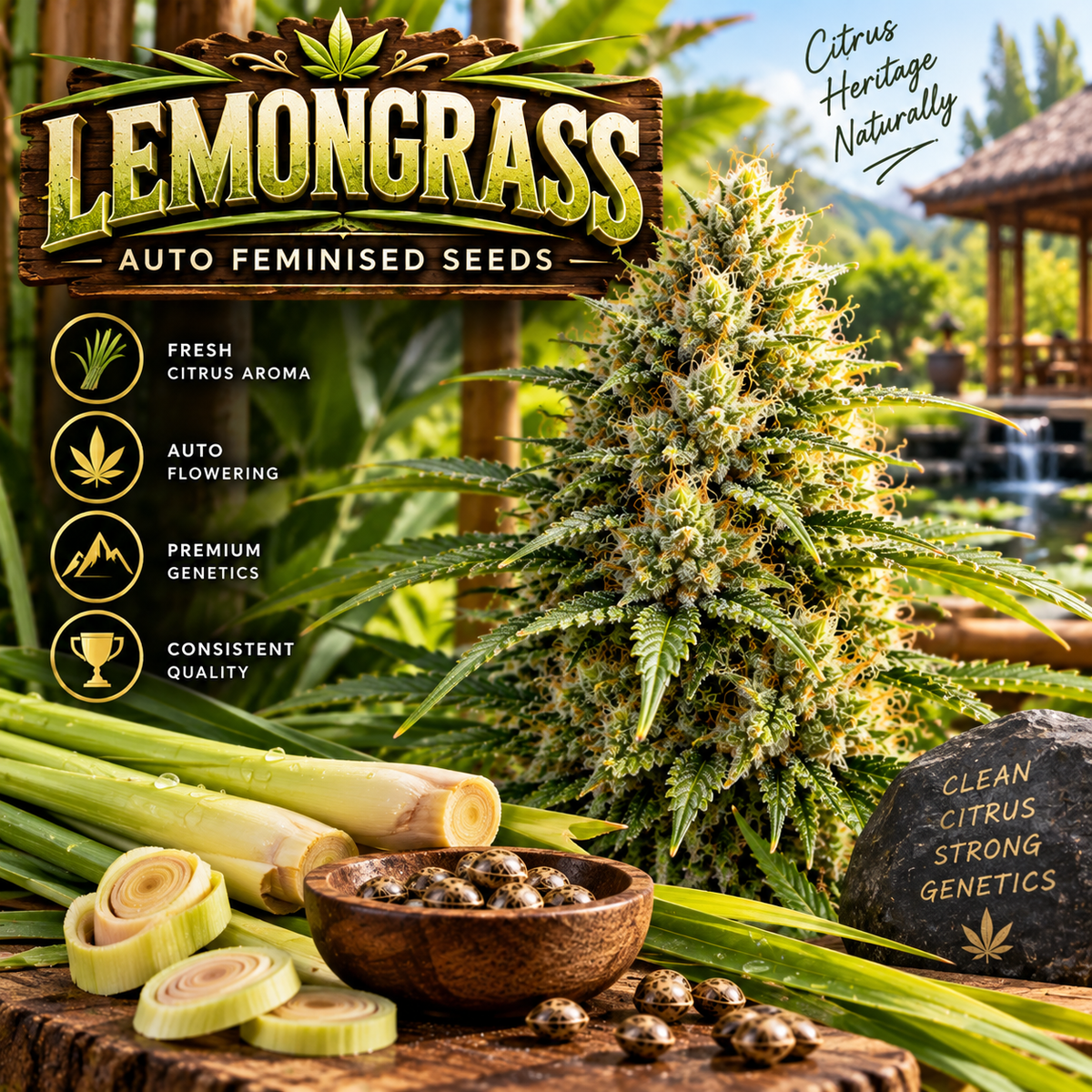 Lemongrass Auto Feminised Seeds promotional image featuring a dense, resin-covered cannabis flower surrounded by fresh lemongrass, cannabis seeds and a lush tropical garden setting.