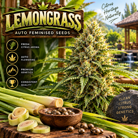 Lemongrass Auto Feminised Seeds promotional image featuring a dense, resin-covered cannabis flower surrounded by fresh lemongrass, cannabis seeds and a lush tropical garden setting.