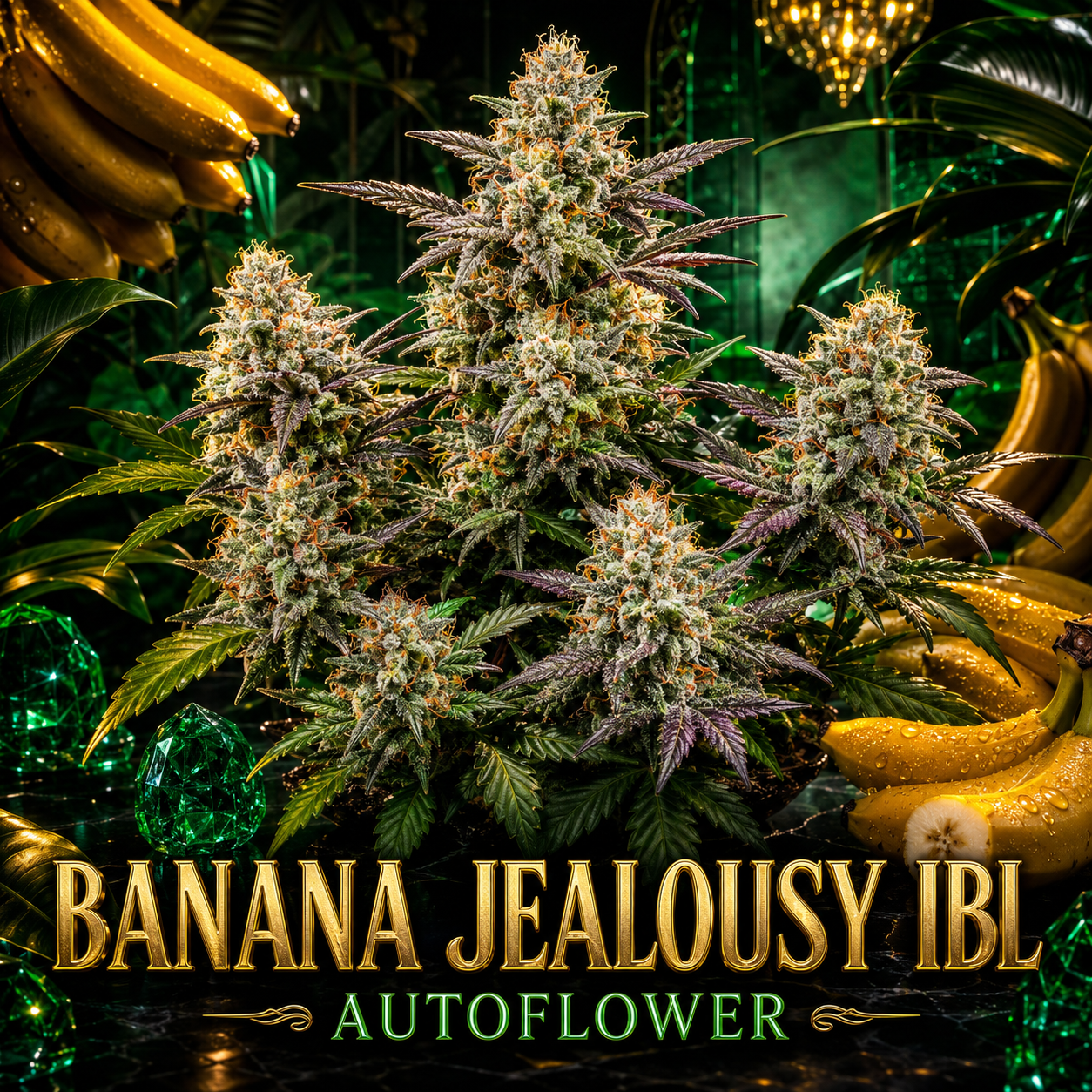 A close-up promotional graphic for a cannabis strain labeled 'BANANA JEALOUSY IBL AUTOFLOWER,' showing several large flower buds with green and purple tones, surrounded by bananas, dark green leaves, and glossy green stones. Large gold and green text appears at the bottom.