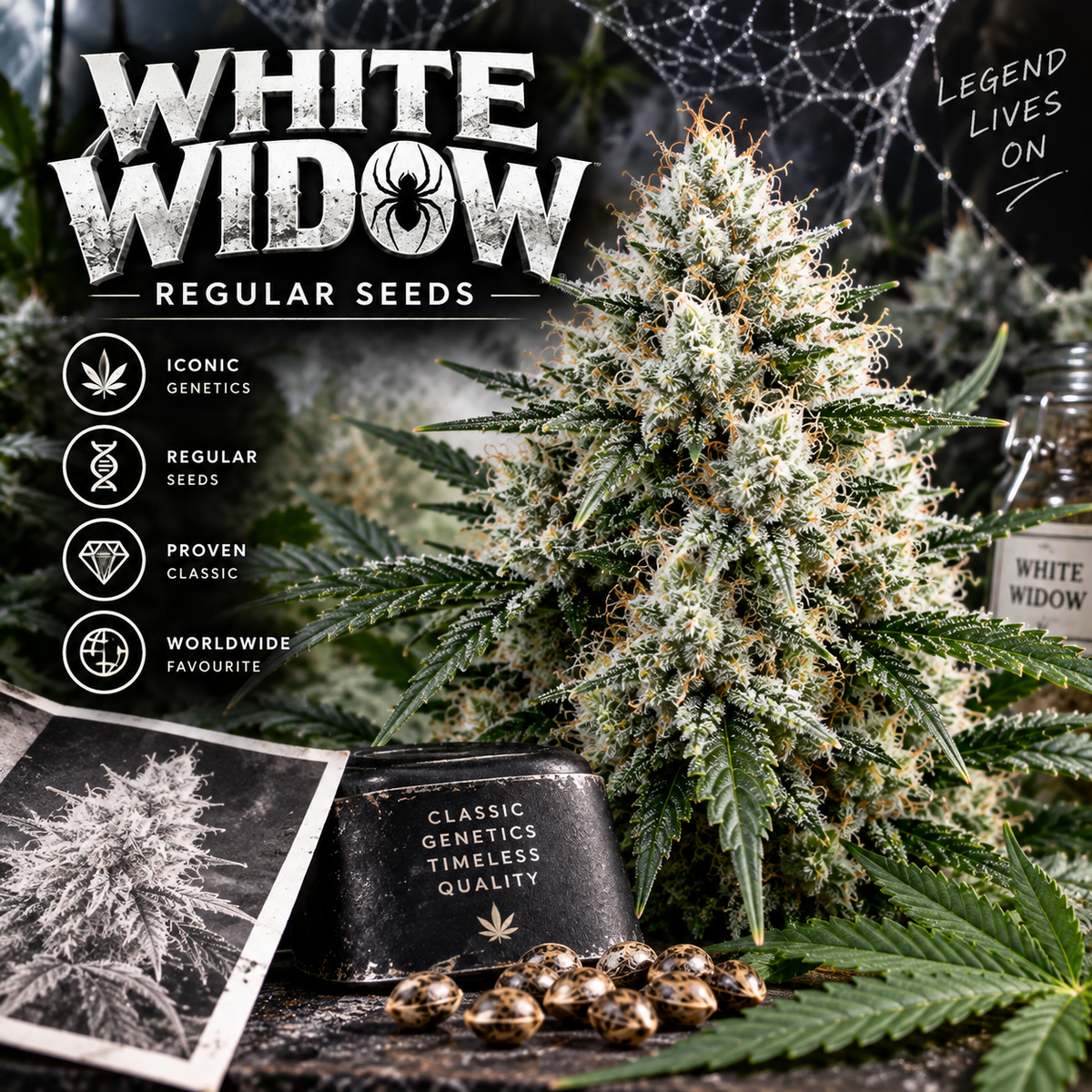 White Widow Regular Seeds promotional image featuring a heavily resin-covered cannabis flower with spider-web detailing, scattered cannabis seeds and bold monochrome White Widow branding.