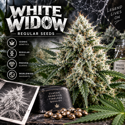 White Widow Regular Seeds promotional image featuring a heavily resin-covered cannabis flower with spider-web detailing, scattered cannabis seeds and bold monochrome White Widow branding.