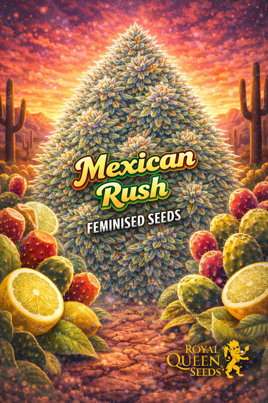 mexican rush feminised seeds image — hyper-realistic frosty cannabis plant with fiery red, orange, and green-tinted buds, vibrant sunset desert background with cacti and warm glowing sky, bold red-and-gold strain name text, royal queen seeds logo, uk-compliant promotional artwork for laughing leaf seeds