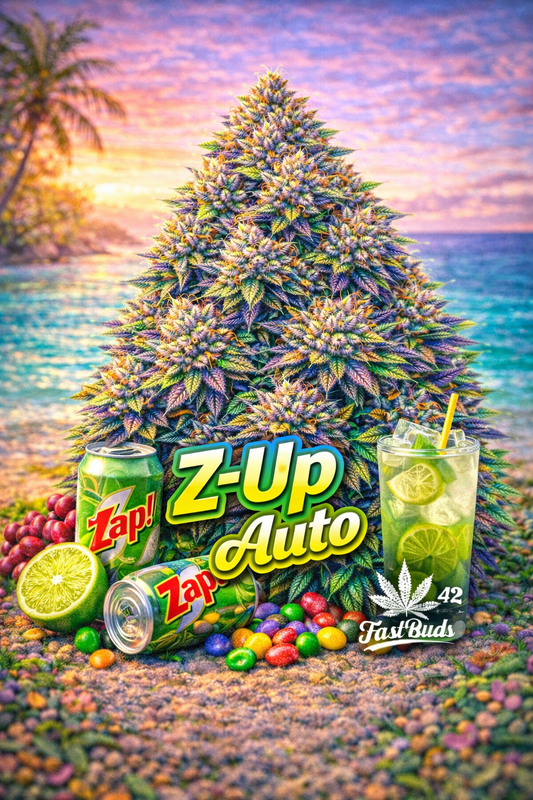 Hyper-realistic promotional artwork for Z-Up Auto Feminised Seeds by Fast Buds, featuring a vibrant, frosty multi-coloured cannabis plant set against a bright tropical beach sunset, with lime slices, fizzy green soda cans, a glass of iced lime drink, colourful sweets, bold strain text, and the Fast Buds logo at the bottom.