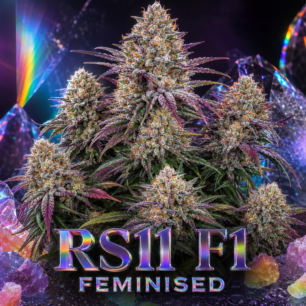 A cluster of large, frosty cannabis buds with green, purple, and orange tones, set against a dark cosmic background with colorful crystals and rainbow light effects. The text 'RS11 F1 FEMINISED' is displayed prominently at the bottom.