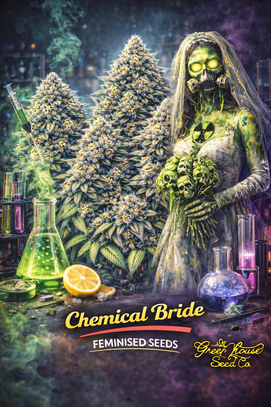 A cluster of realistic Chemical Bride cannabis plants beside a toxic, glowing zombie-style bride in a damaged wedding dress, surrounded by lab flasks and colourful smoke, with the strain name and Greenhouse Seed Co. logo visible.