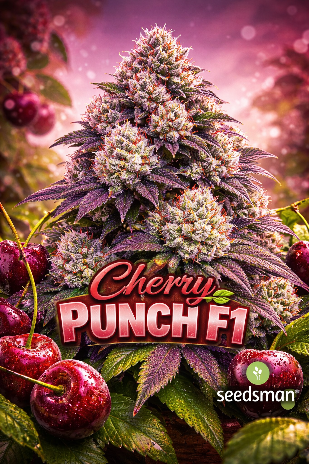 cherry punch f1 feminised seeds by seedsman hyper realistic cannabis plant artwork with deep red cherry themed colour tones dense frosty buds unique branching pattern bold strain name and seedsman logo on a contrasting background