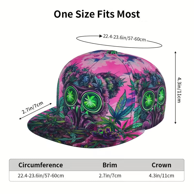 Bear and cannabis leaf graphic snapback baseball cap with colourful illustrated design