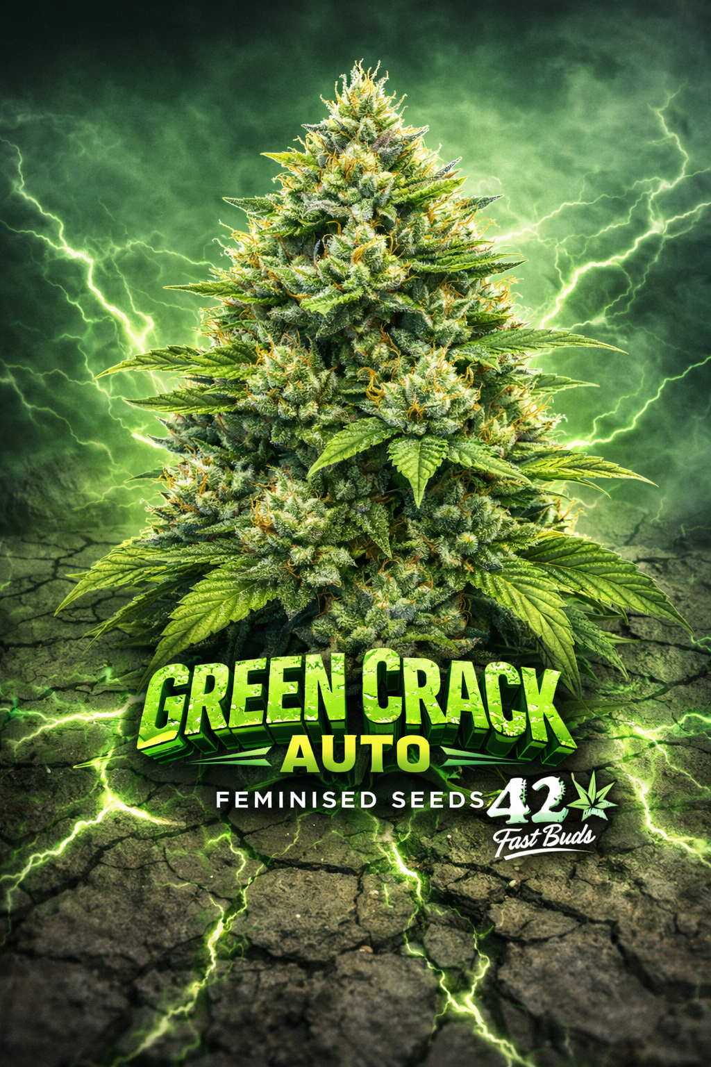 Green Crack Auto cannabis artwork featuring a tall multi-cola plant with bright green buds and orange pistils, cracked earth with glowing green energy effects, bold electric-style Green Crack Auto text at the bottom, and the Fast Buds logo on the right against a dark green stormy background.