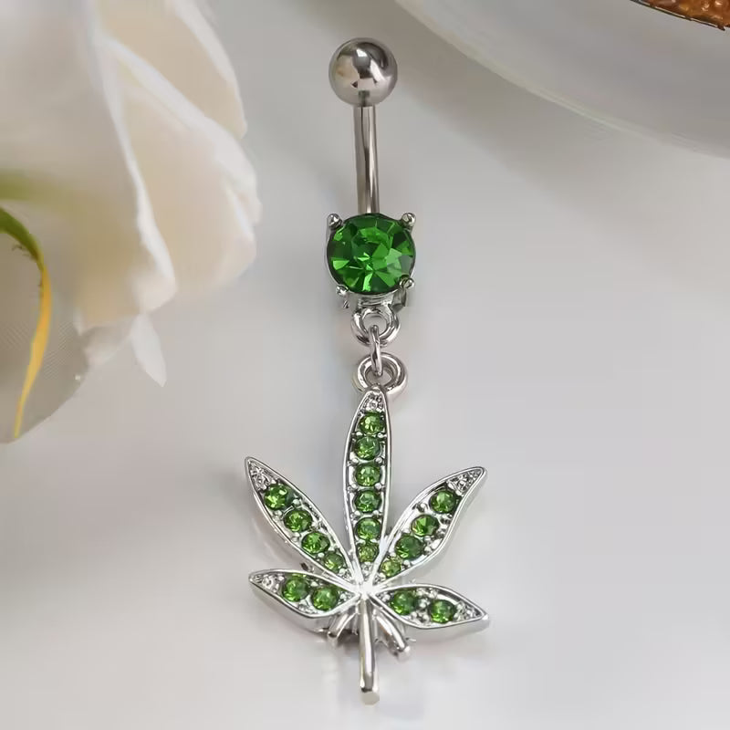 Green crystal cannabis leaf belly button ring with silver-tone barbell and dangling leaf pendant