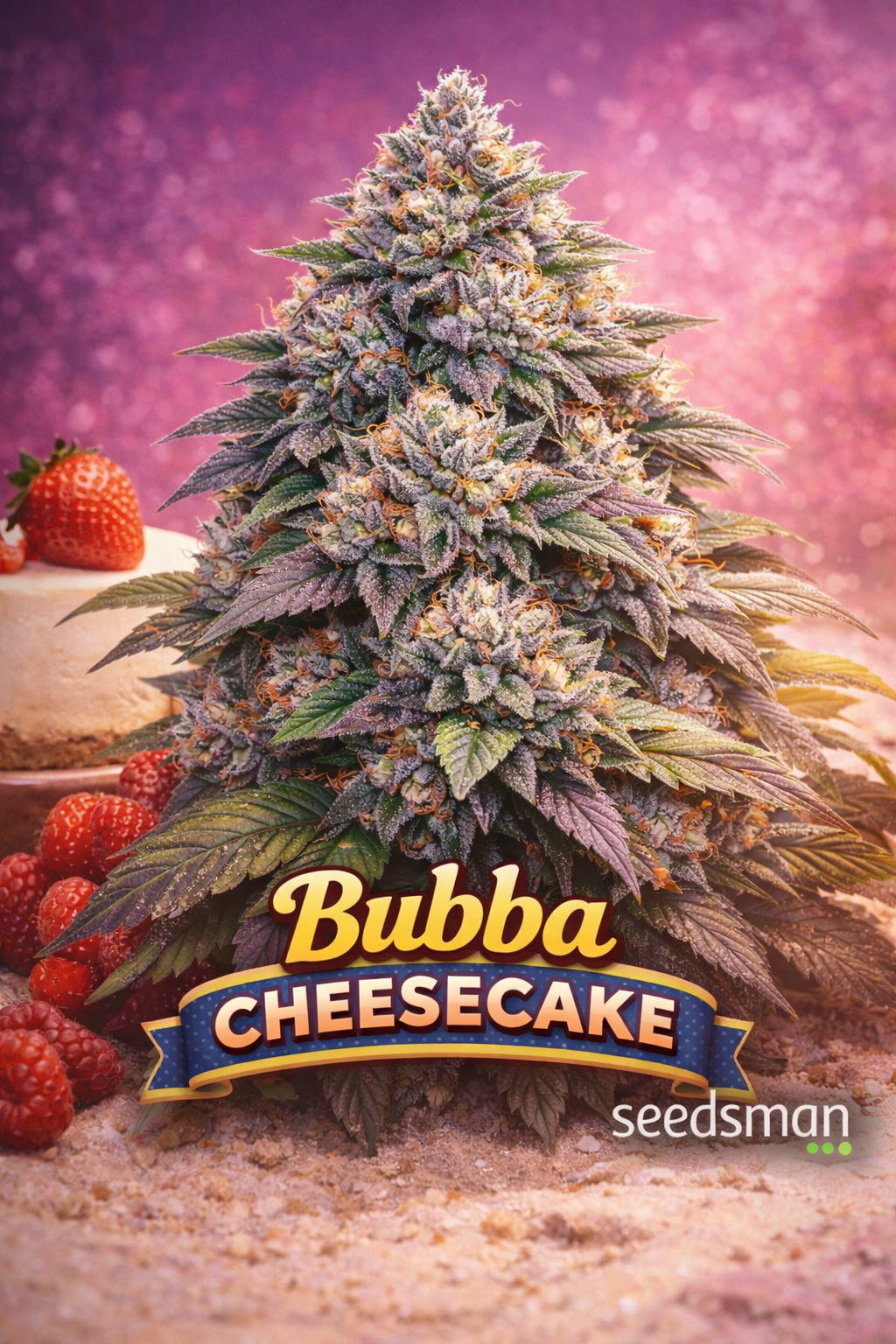 bubba cheesecake cannabis plant with dense frosty buds, creamy dessert themed background, soft warm lighting, seedsman logo in corner