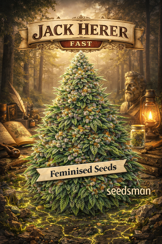 Hyper-realistic promotional artwork of “Jack Herer Fast Feminised Seeds – Seedsman,” featuring a dense cannabis plant with heavy trichomes, natural leaf texture, and bright orange pistils. The scene is styled with a heritage theme, including an old forest backdrop, antique books, a quill, a lantern, and a sculpted bust resembling Jack Herer. Bold vintage “Jack Herer Fast” typography, a “Feminised Seeds” banner, and the Seedsman logo appear on the image. No grow equipment shown.