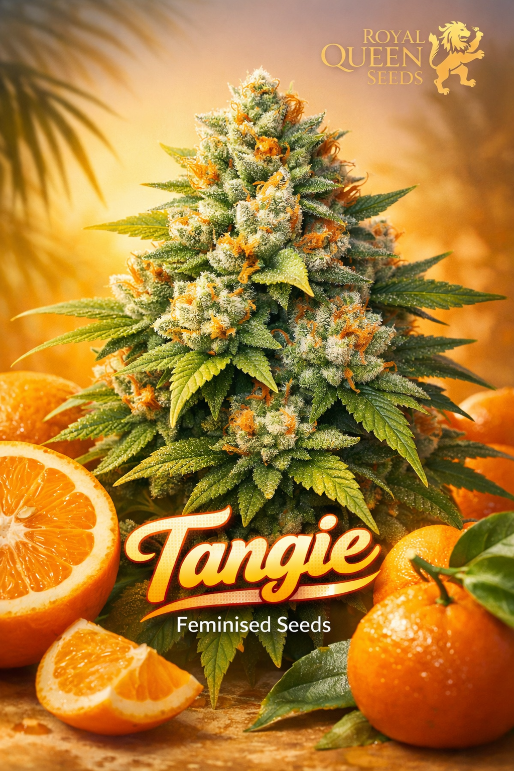 tangie cannabis plant with frosty orange-tinted buds surrounded by fresh oranges in a warm sunset citrus-themed background with royal queen seeds logo