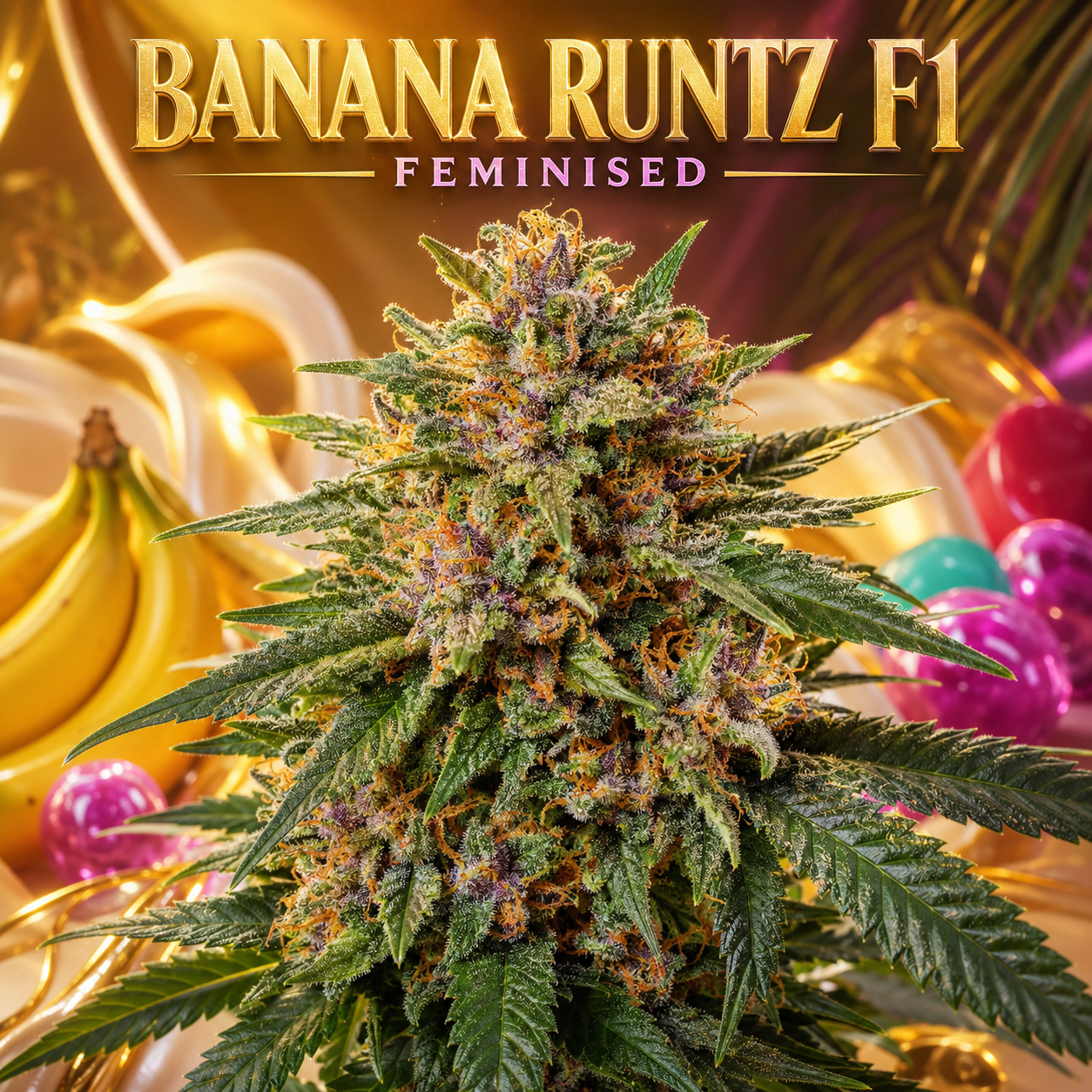 A large, frosty cannabis flower labeled 'BANANA RUNTZ F1 FEMINISED' in gold text at the top, set against a warm golden background with bananas and colorful decorative elements.