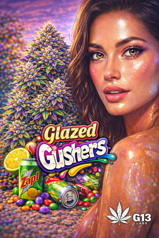 Hyper-realistic promotional artwork for Glazed Gushers Feminised Seeds by G13 Labs, featuring a frosty, multi-coloured cannabis plant beside a stunning woman with glowing, glazed skin and striking hazel eyes, set against a vibrant purple sunset backdrop with fruity candy elements, bold strain text, and the G13 Labs logo.