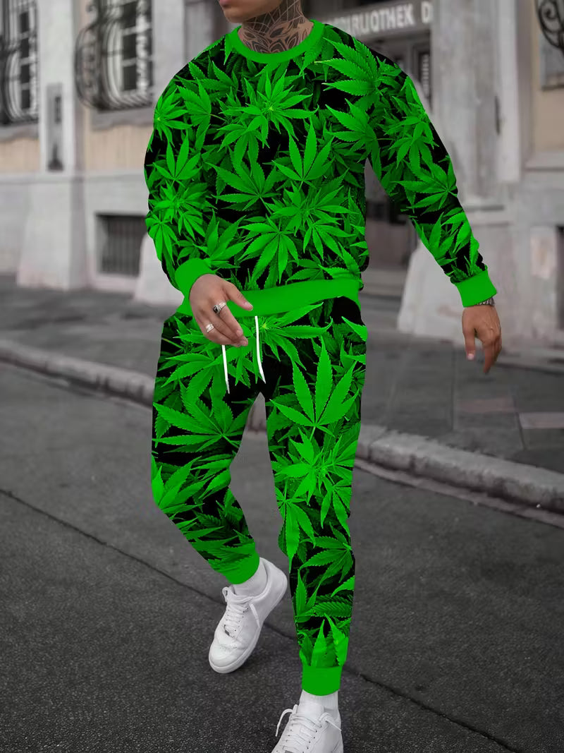 All-over green cannabis leaf tracksuit worn on the street in the UK with matching weed print joggers and sweatshirt 1