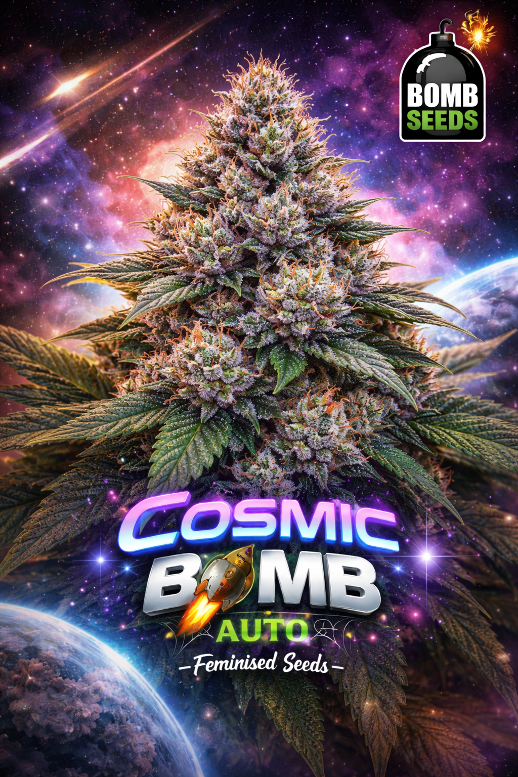 High-detail promotional artwork of Cosmic Bomb Auto by Bomb Seeds, showing a vibrant, resin-covered cannabis plant against a colourful outer-space nebula background, with bold futuristic strain typography and the Bomb Seeds logo. No cultivation imagery included.