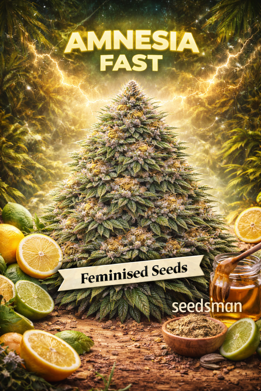 Hyper-realistic promotional artwork of “Amnesia Fast Feminised Seeds – Seedsman,” featuring a dense, frosty cannabis plant with natural leaf texture, golden pistils, and heavy trichome coverage. The background shows a glowing jungle-lit environment with lightning-like energy effects. Fresh lemons, limes, honey, herbs, and spices are arranged on a rustic wooden surface in front of the plant to match the citrus–haze theme. Bold yellow “Amnesia Fast” text, a “Feminised Seeds” banner, and the Seedsman logo are 