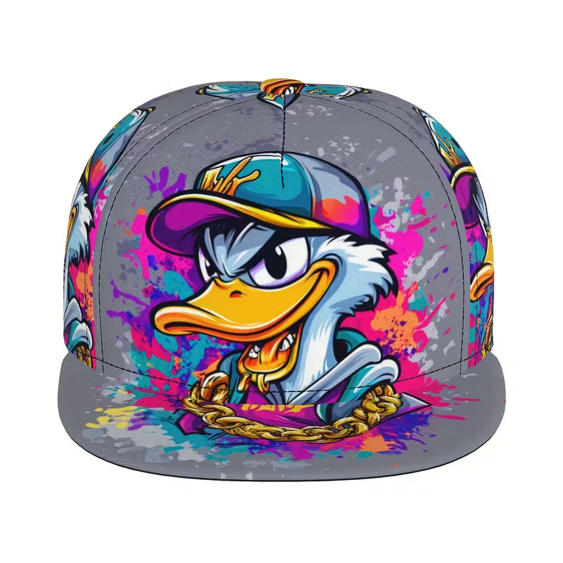 Colorful cap with a cartoon character design on a white background