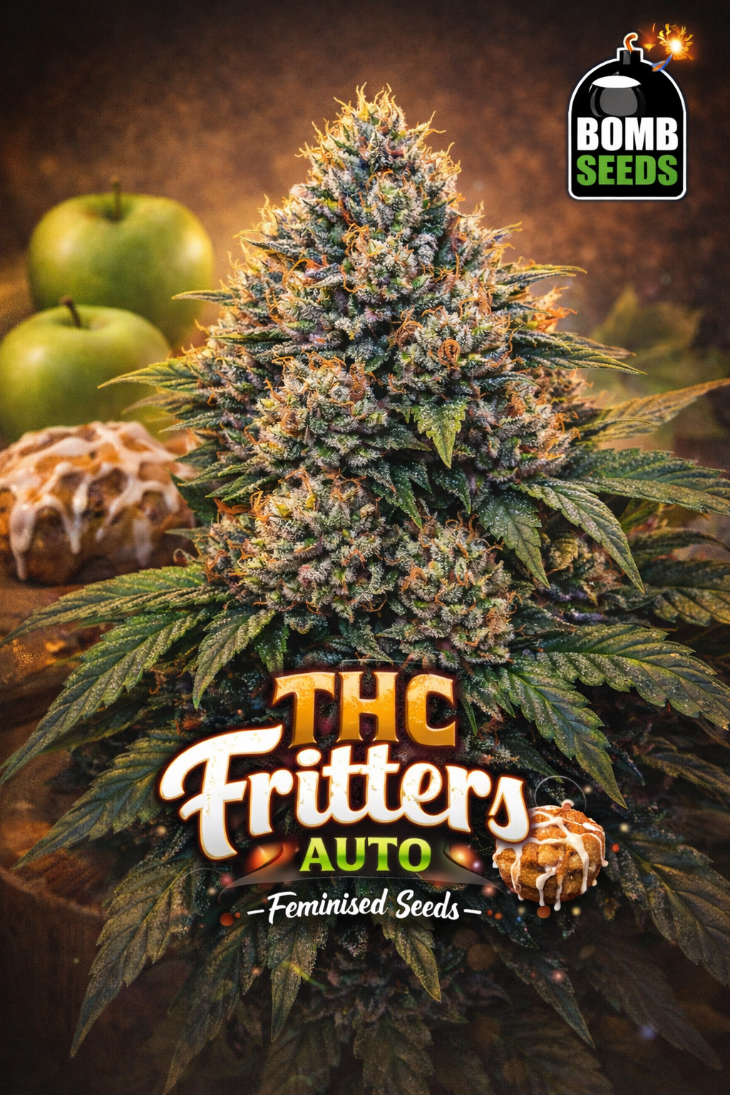 High-detail promotional artwork of THC Fritters Auto by Bomb Seeds, featuring a frosty, resin-covered cannabis plant with a unique silhouette, warm dessert-themed background, bold strain typography, subtle apple fritter cues, and the Bomb Seeds logo. No cultivation imagery shown.