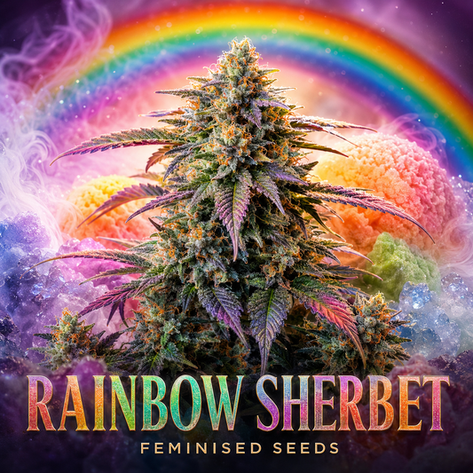 A stylized product graphic showing a large cannabis bud centered against a rainbow and cosmic background, with the text 'RAINBOW SHERBET' and 'FEMINISED SEEDS' at the bottom.