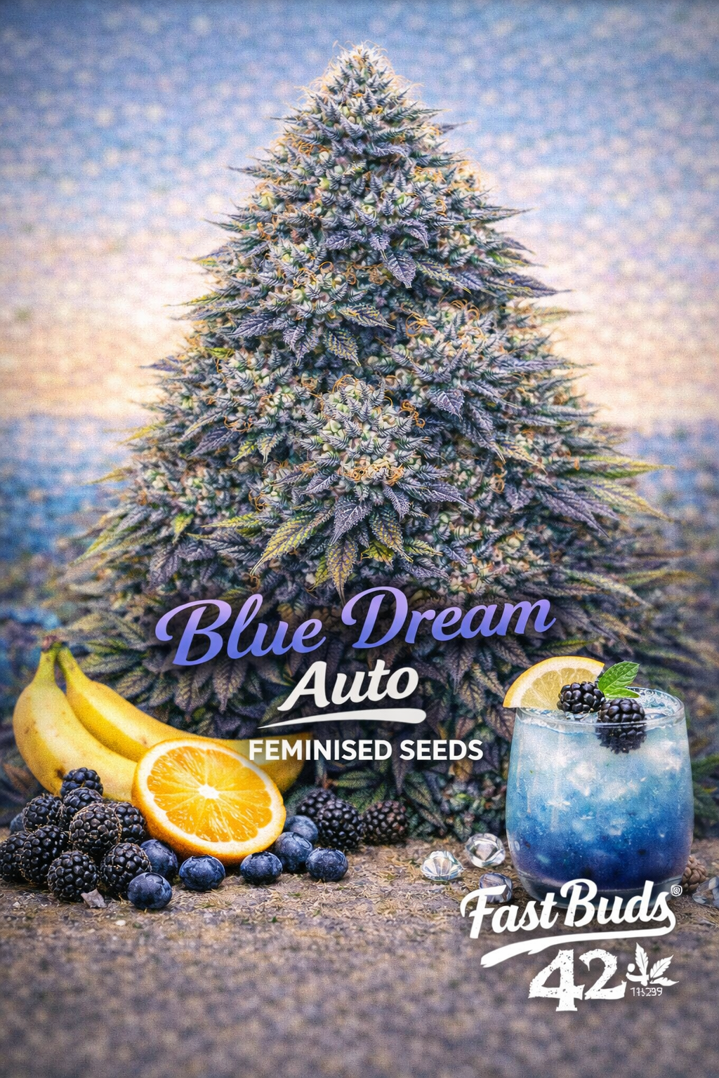 Hyper-realistic promotional artwork of Blue Dream Auto cannabis plant with dense frosty buds in blue, green, and purple hues, set against a soft ocean-toned background. Fresh blackberries, blueberries, an orange slice, bananas, and a blue iced drink appear at the bottom. Bold blue-and-white strain name text and Fast Buds branding are clearly displayed.