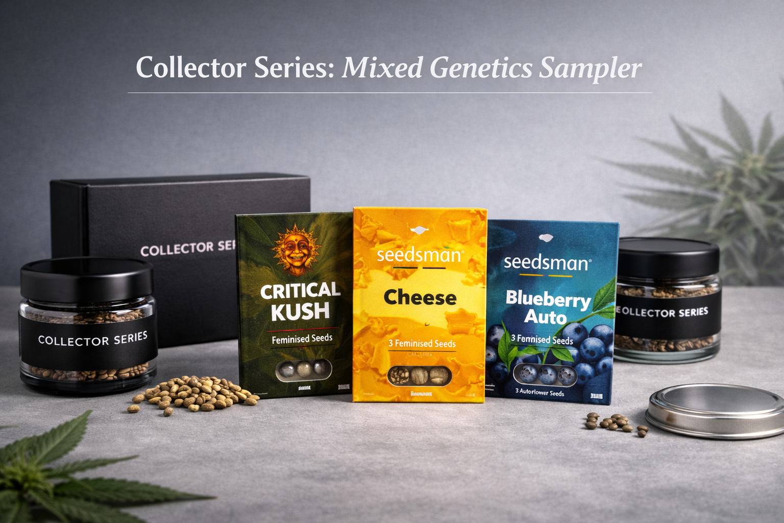 Collector Series Mixed Genetics Sampler bundle featuring Critical Kush, Cheese and Blueberry Auto seed packs presented in a modern studio display