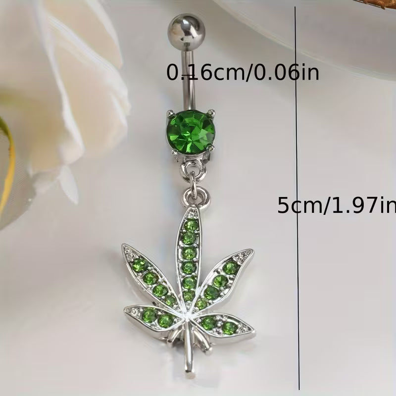 Green crystal cannabis leaf belly button ring with silver-tone barbell and dangling leaf pendant
