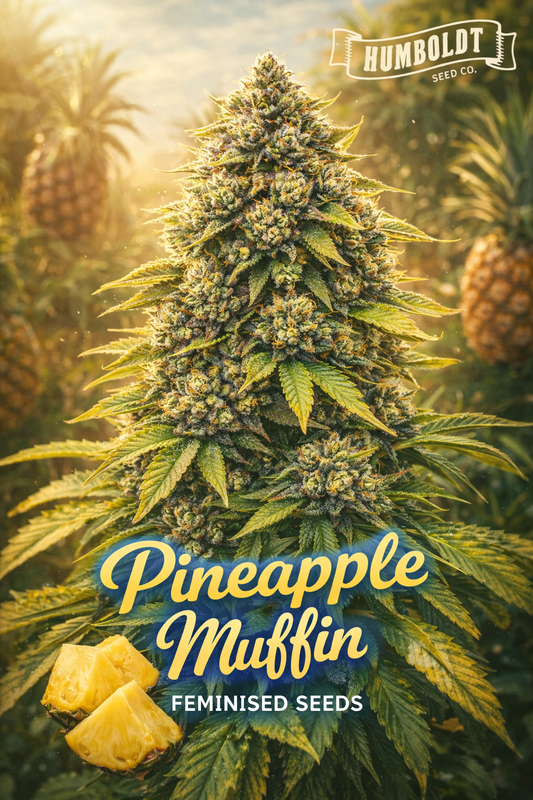Pineapple Muffin Feminised Seeds product image featuring a hyper-realistic cannabis plant with dense frosty buds, yellow-green leaves, and a warm tropical pineapple-orchard background, with the Humboldt Seed Co. logo and bold Pineapple Muffin strain title.