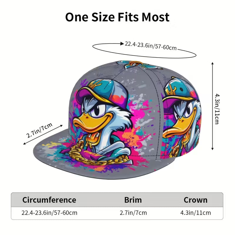 Graffiti-style cartoon duck snapback cap with colourful street art design and flat brim