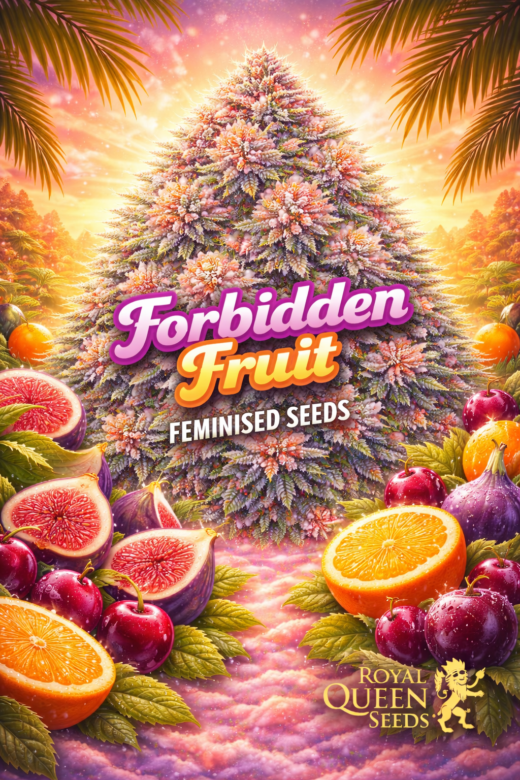forbidden fruit feminised seeds image — hyper-realistic frosty cannabis plant with purple, pink, and orange-tinted buds, warm tropical sunset background, assorted fruits including figs, cherries, oranges, and plums arranged around the scene, bold vibrant strain name text, royal queen seeds logo, uk-compliant promotional artwork for laughing leaf seeds