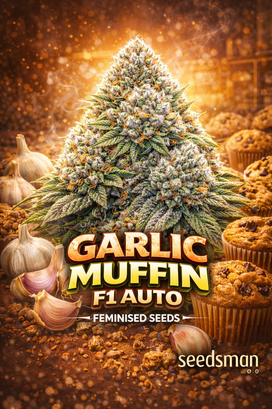 Hyper-realistic promotional image of a large frosty Garlic Muffin F1 Auto cannabis bud with dense trichomes, green and purple tones, and bright orange pistils, set against a warm bakery background featuring garlic cloves and golden muffins. Bold “Garlic Muffin F1 Auto Feminised Seeds” text appears at the bottom with the Seedsman logo.