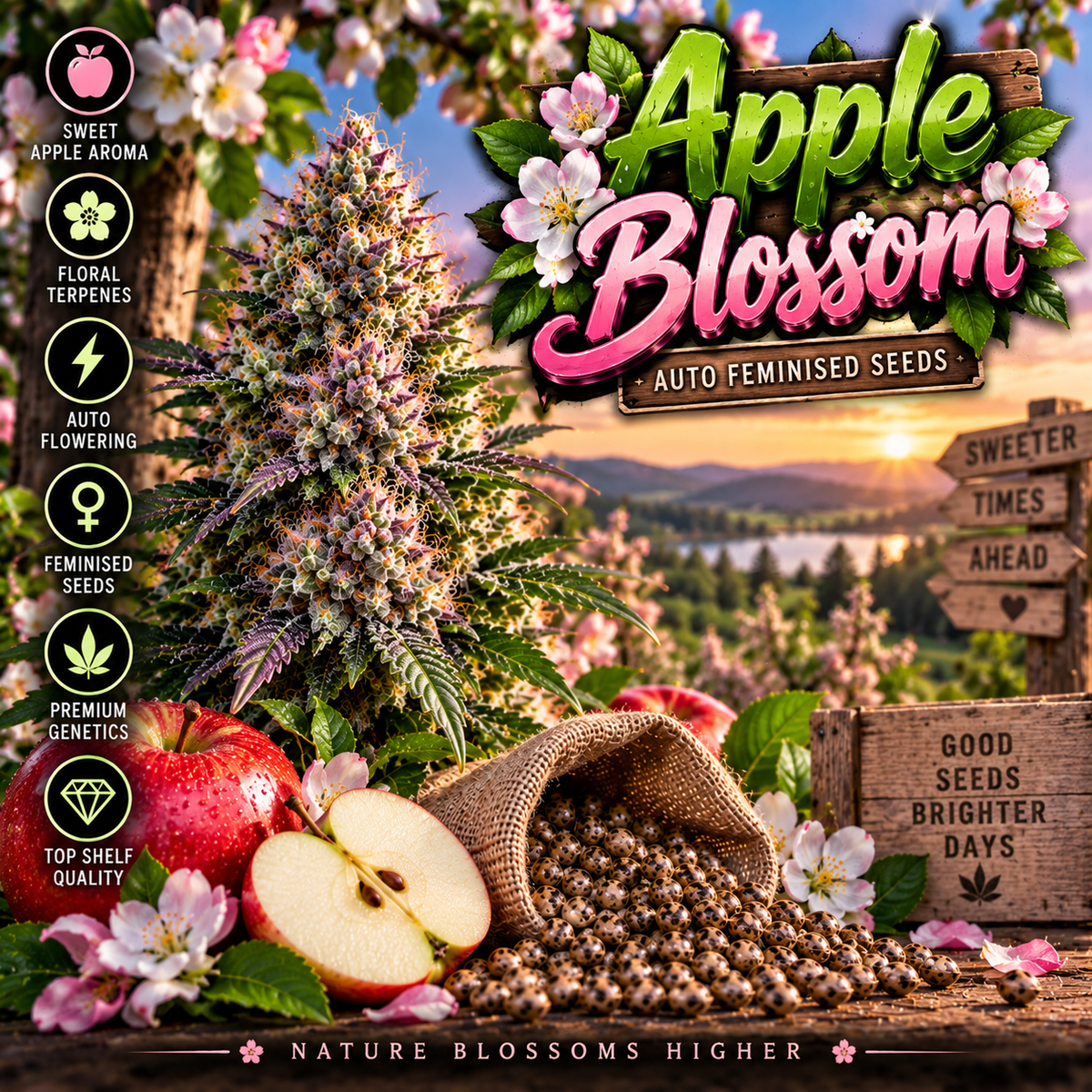 Apple Blossom Auto Feminised Seeds promotional image featuring a frosty cannabis plant, red apples, pink apple blossoms and scattered seeds in a colourful orchard landscape, with bold green and pink strain branding.