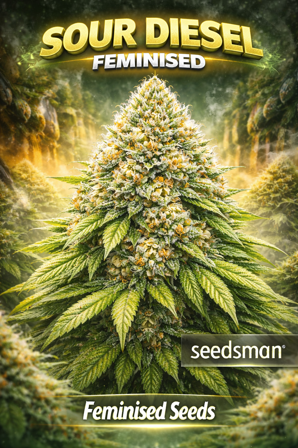 Hyper-realistic Sour Diesel Feminised cannabis plant featuring one huge dominant central bud stacked with dense resin, sharp lime-green leaves, frosty trichomes, fuel-themed yellow glow background, and “Sour Diesel – Feminised Seeds – Seedsman” branding.
