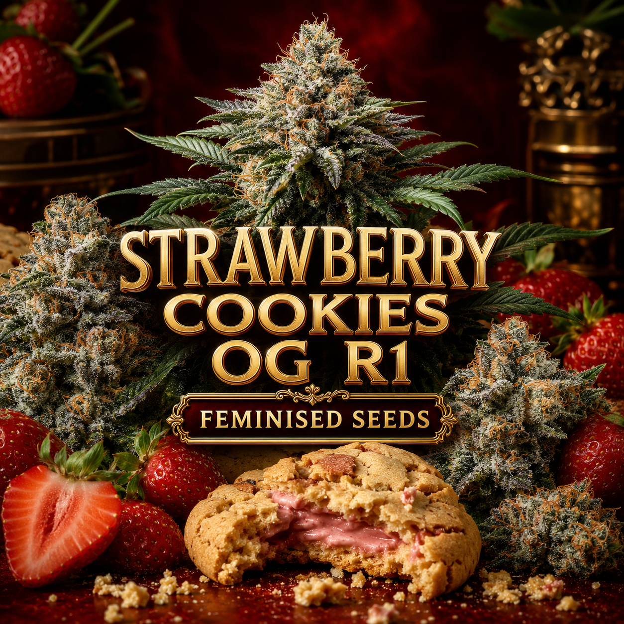 Promotional graphic for 'Strawberry Cookies OG R1 Feminised Seeds' featuring a large, frosty cannabis bud, smaller buds, fresh strawberries, and a bitten cookie with a pink strawberry filling, with bold gold text overlay.