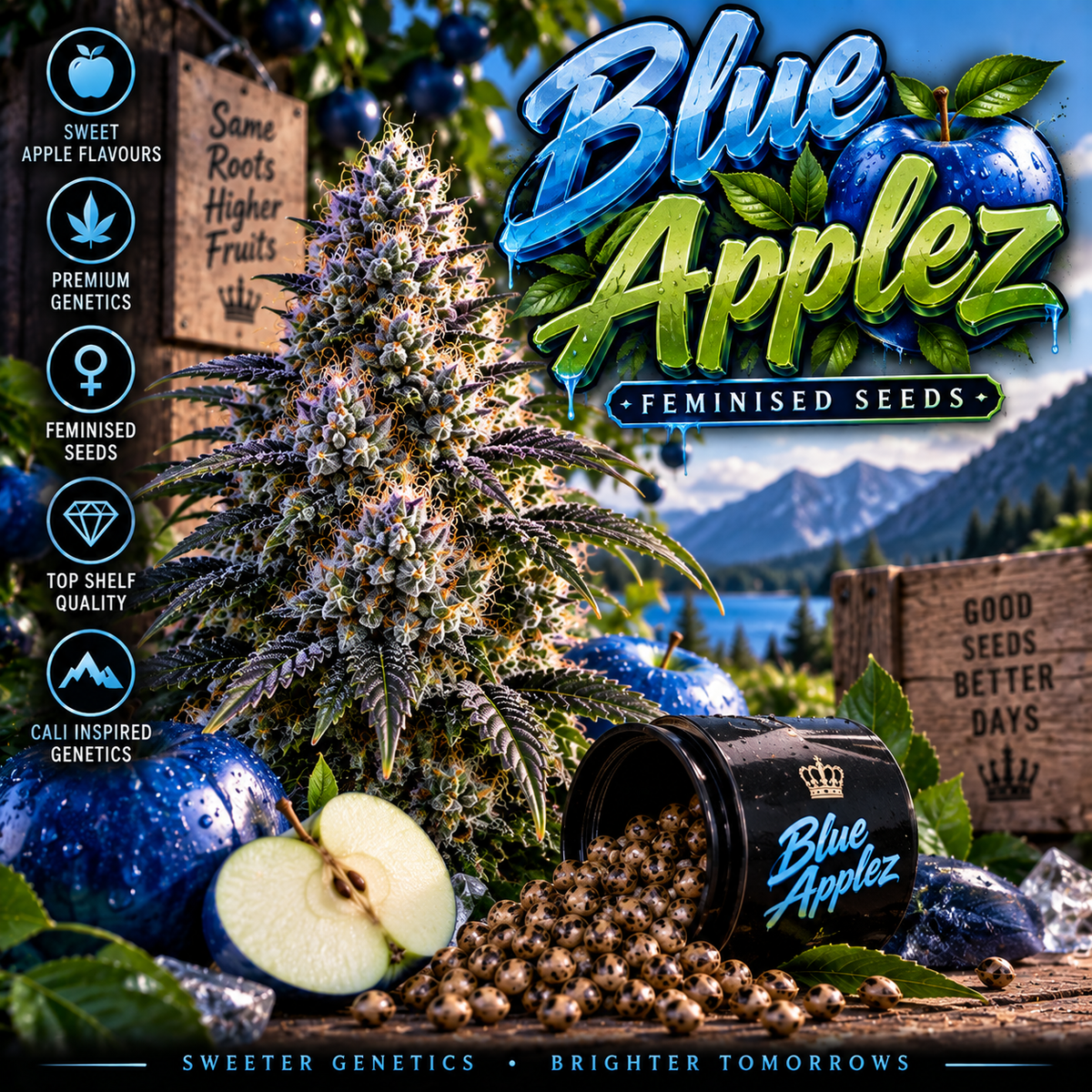 Blue Applez Feminised Seeds promotional image featuring a frosty purple cannabis plant, vivid blue apples and scattered seeds against a mountain lake and orchard backdrop, with bold blue and green strain branding.