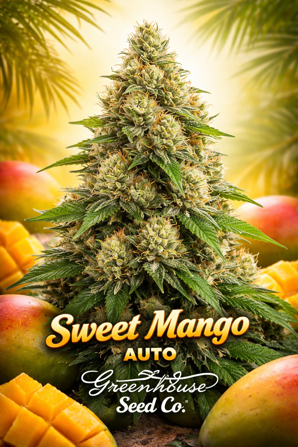 Super-high-definition product image of Sweet Mango Auto Feminised cannabis seeds by Greenhouse Seed Co., shown as a dense central cola photographed straight-on against a warm tropical backdrop with subtle mango colour accents and branded strain name and breeder logo.