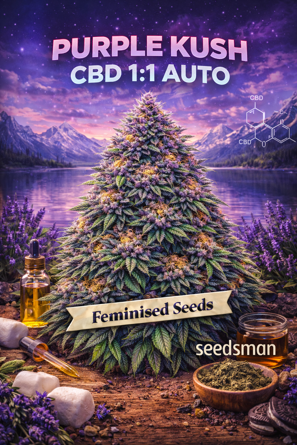 Hyper-realistic promotional artwork of “Purple Kush CBD 1:1 Auto Feminised Seeds – Seedsman,” featuring a dense cannabis plant with deep purple buds, natural leaf texture, thick frosty trichomes, and bright orange pistils. The scene includes a twilight mountain lake background with lavender fields, CBD oil bottles, droppers, and a CBD molecular structure graphic. Bold gradient “Purple Kush CBD 1:1 Auto” text appears at the top, with a “Feminised Seeds” banner and the Seedsman logo at the bottom. No grow equ