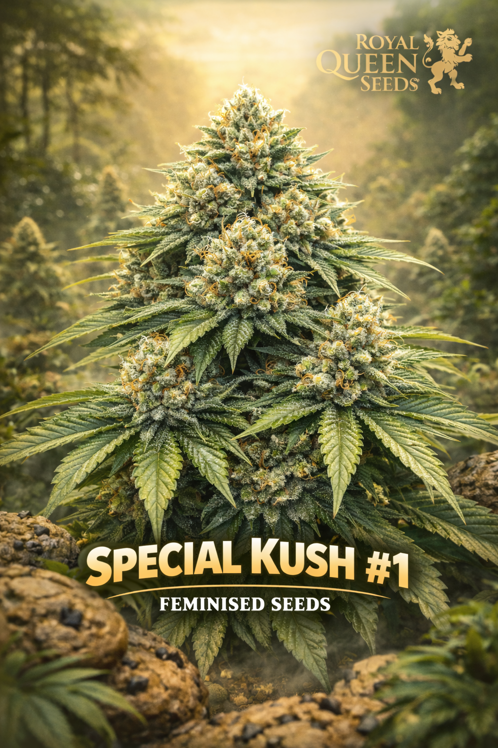 special kush #1 feminised cannabis plant with dense green buds, frosty trichomes, wide dark-green fan leaves and a warm earthy background featuring the royal queen seeds logo
