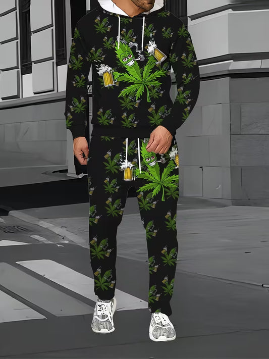 Funny cartoon cannabis leaf beer tracksuit worn as black streetwear set in the UK with matching hoodie and joggers 1
