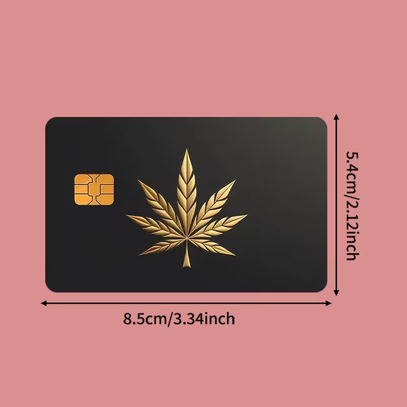 Gold cannabis leaf card skin sticker on matte black credit card