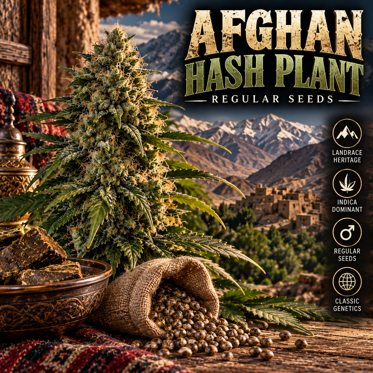 Afghan Hash Plant Regular Seeds promotional image featuring a resinous cannabis plant, scattered seeds and traditional hash against a rugged Afghan mountain landscape, with bold strain branding.