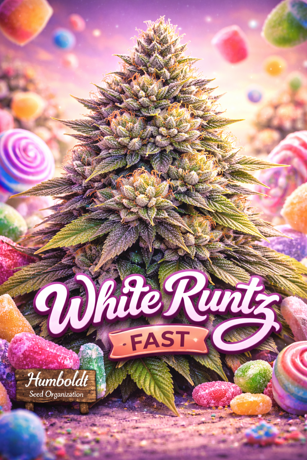 Hyper-realistic White Runtz FAST Feminised Seeds artwork by Humboldt Seed Organization, showing a frosty dense cannabis plant with bright white sugar coating, colourful candy-inspired lighting, detailed fan leaves, and bold strain name typography.