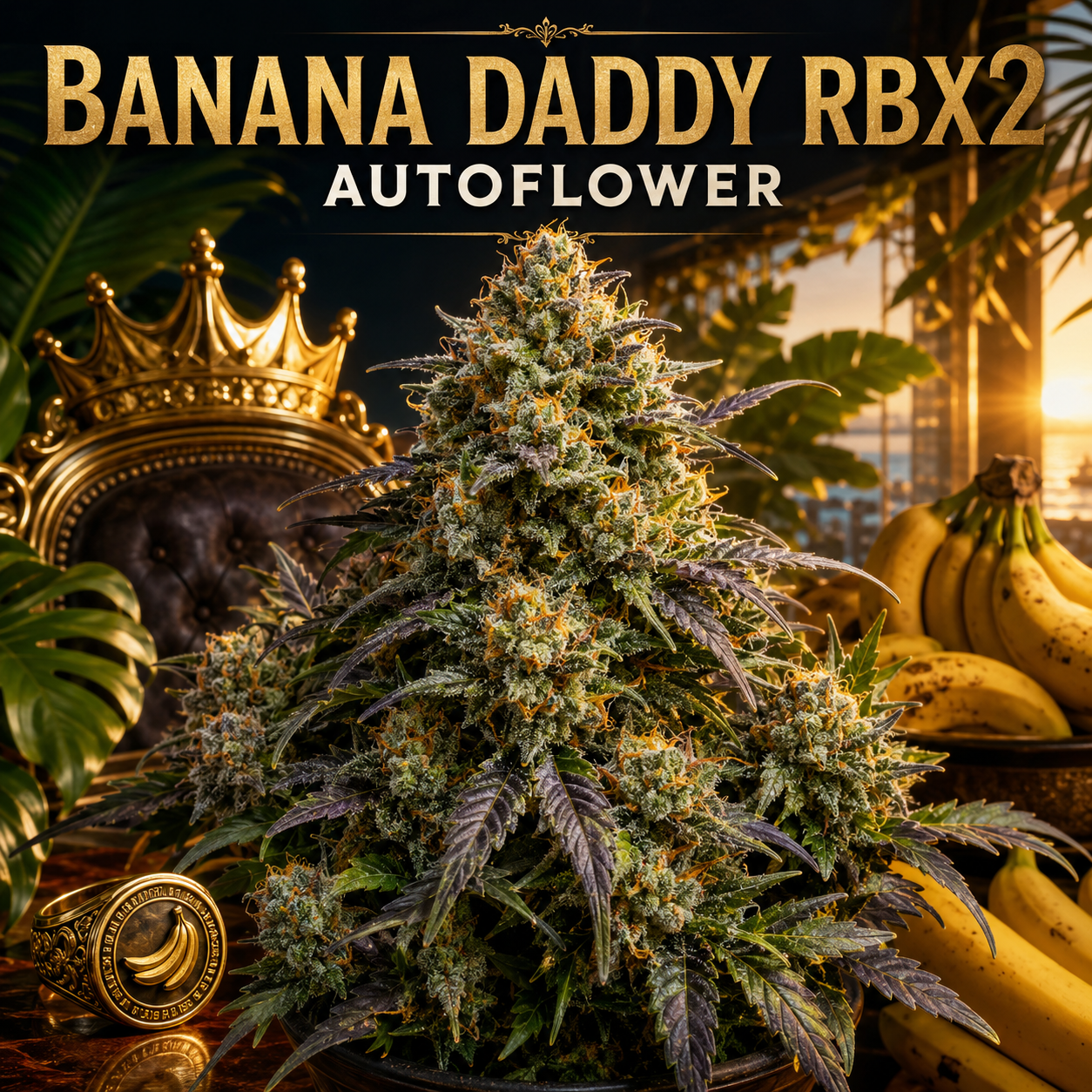 Promotional graphic for 'BANANA DADDY RBX2 AUTOFLOWER' featuring a large, dense cannabis flower bud in the center, flanked by a gold crown, bananas, and tropical leaves. The text 'BANANA DADDY RBX2' and 'AUTOFLOWER' is displayed at the top in gold and white lettering.