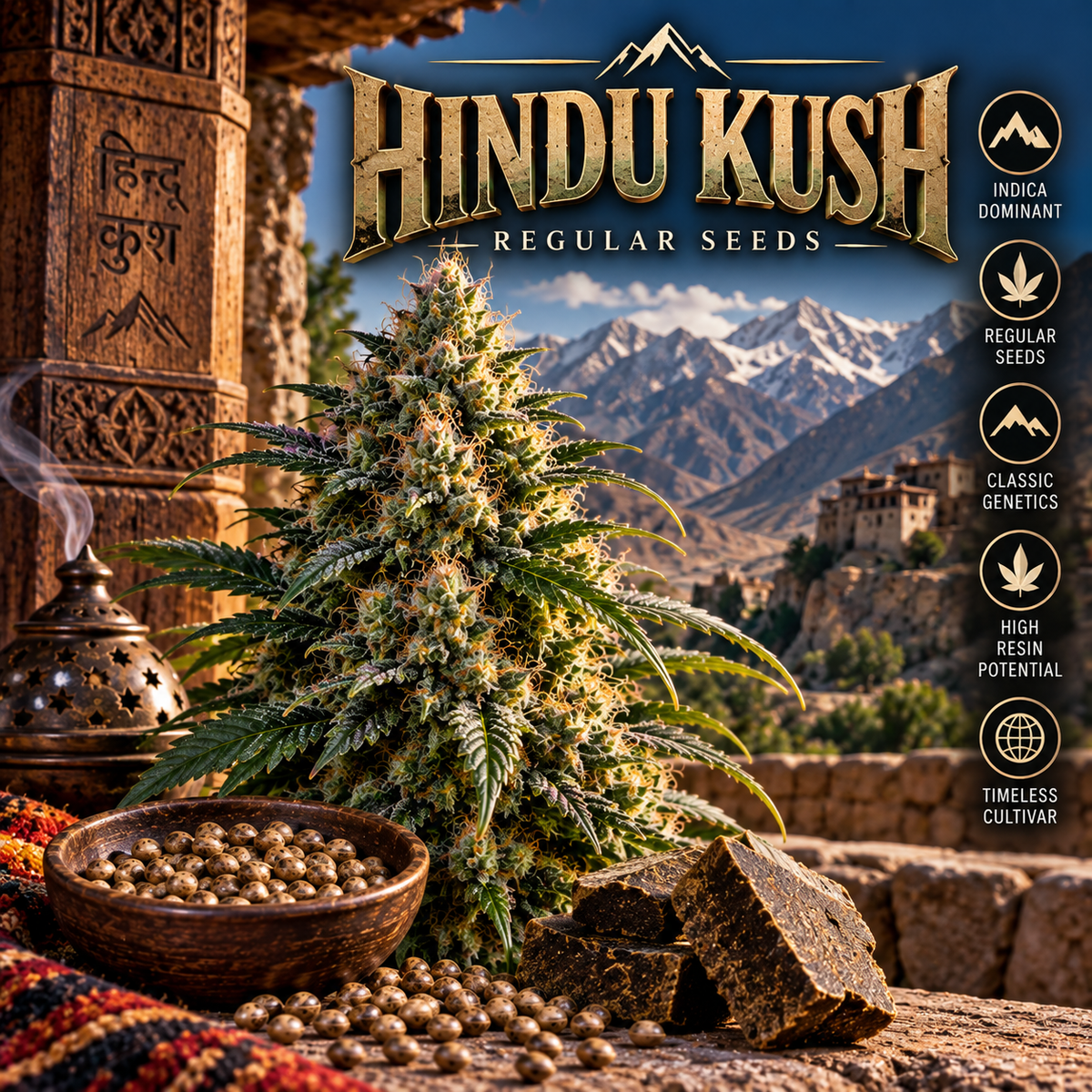Hindu Kush Regular Seeds promotional image featuring a resinous cannabis plant, scattered seeds and traditional hash against a dramatic snow-capped Hindu Kush mountain landscape, with bold gold strain branding.