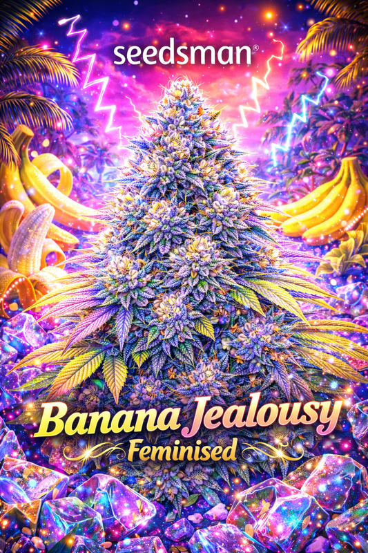 Banana Jealousy Feminised cannabis plant promotional artwork with frosty colourful buds, neon tropical background with glowing bananas and palm leaves, Seedsman logo, and bold bright strain name at the bottom