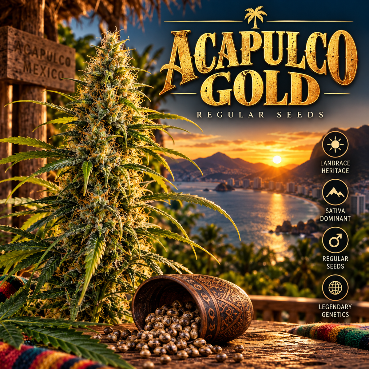 Acapulco Gold Regular Seeds promotional image featuring a resinous cannabis plant and scattered seeds overlooking Acapulco Bay at sunset, with bold gold strain branding.