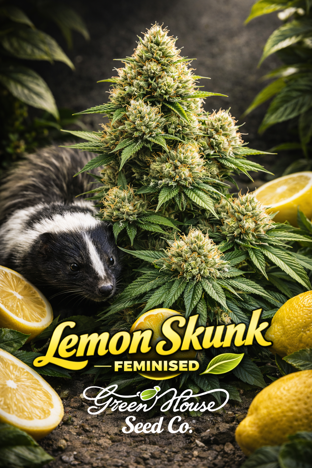 Ultra-high-definition product image of Lemon Skunk Feminised cannabis seeds by Greenhouse Seed Co., featuring a multi-branched plant with several dense bud sites photographed at a slightly high angle, set against a dark studio background with subtle lemon elements and a skunk motif, with the strain name and breeder logo clearly displayed.