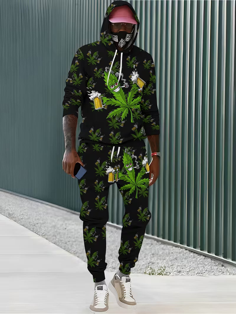 Funny cartoon cannabis leaf beer tracksuit worn as black streetwear set in the UK with matching hoodie and joggers 2