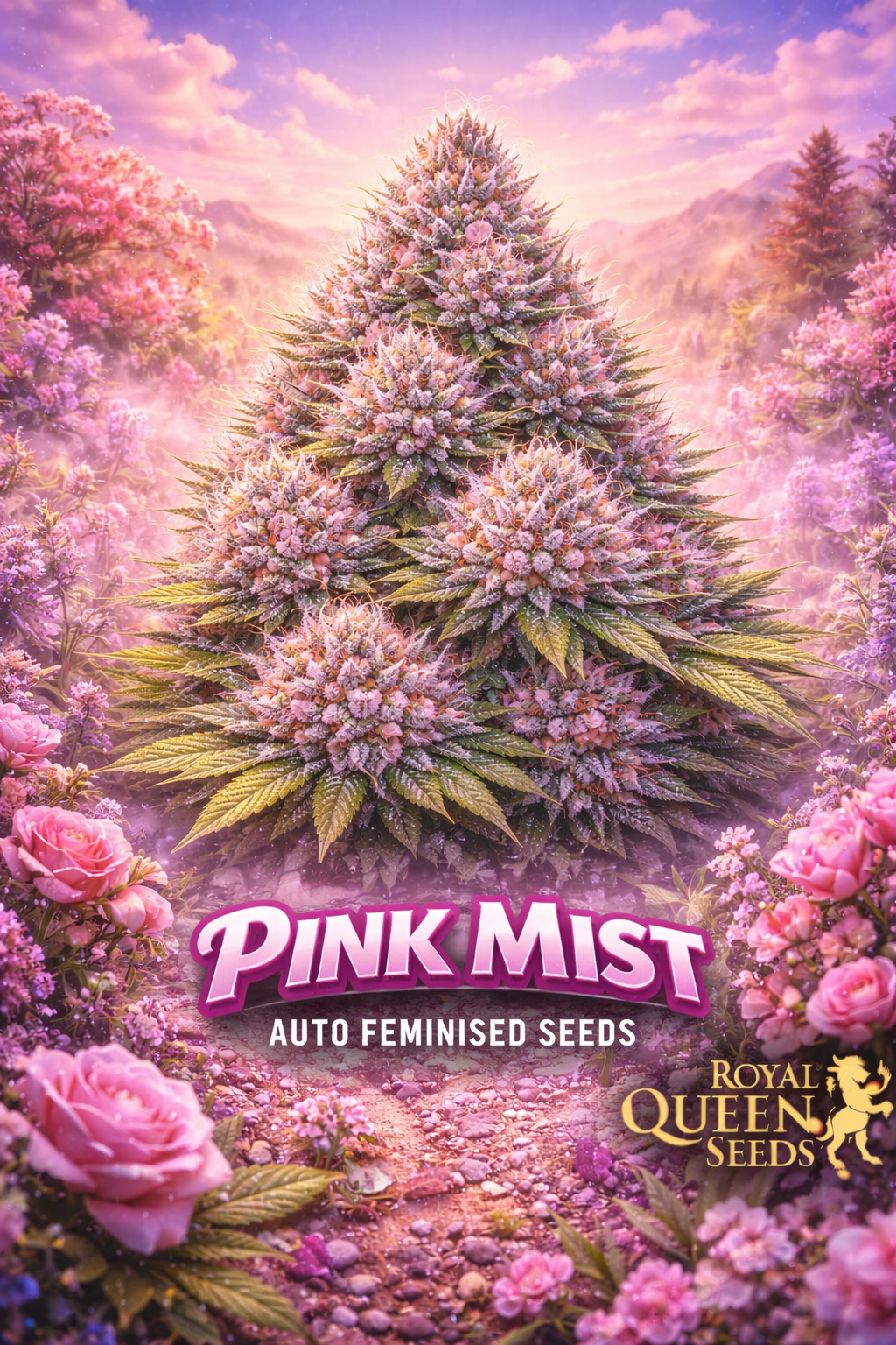 Pink Mist Auto Feminised Seeds – Royal Queen Seeds — hyper-realistic cannabis plant with dense frosty buds showing pink and purple hues; surrounded by pink roses, lavender and soft pastel flowers in a glowing misty pink landscape; dreamy sunset sky; bold gradient Pink Mist text at the bottom with the Royal Queen Seeds gold lion logo; no repeated props or cultivation imagery.