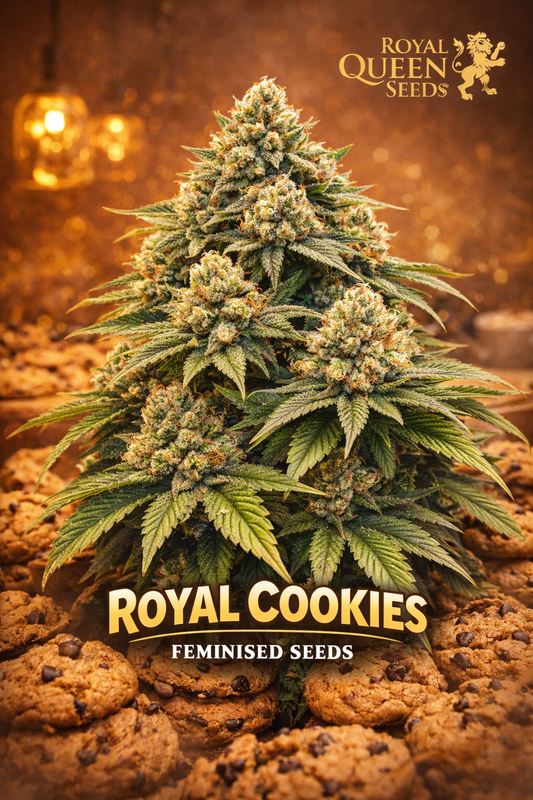 royal cookies feminised cannabis plant with dense frosty buds, orange pistils, rich green leaves and a warm cookie-themed background featuring the royal queen seeds logo
